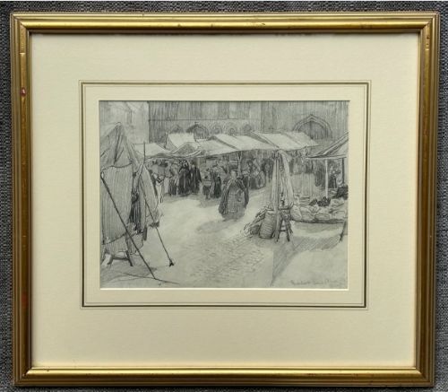 fig 1. A detailed monochrome pencil drawing depicting a bustling market scene in Bruges with canvas stalls, cloaked figures, and gothic architectural facades.
