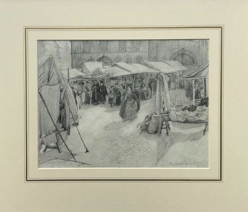 fig 2. A detailed monochrome pencil drawing depicting a bustling market scene in Bruges with canvas stalls, cloaked figures, and gothic architectural facades.