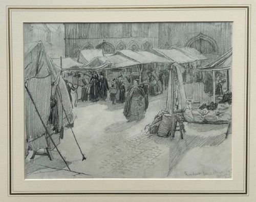 fig 3. A detailed monochrome pencil drawing depicting a bustling market scene in Bruges with canvas stalls, cloaked figures, and gothic architectural facades.