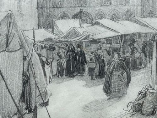 fig 5. A detailed monochrome pencil drawing depicting a bustling market scene in Bruges with canvas stalls, cloaked figures, and gothic architectural facades.