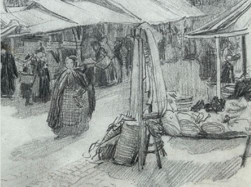 A detailed monochrome pencil drawing depicting a bustling market scene in Bruges with canvas stalls, cloaked figures, and gothic architectural facades. View VII