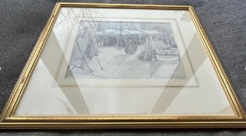A detailed monochrome pencil drawing depicting a bustling market scene in Bruges with canvas stalls, cloaked figures, and gothic architectural facades. View VIII