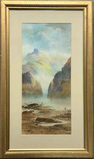 fig 1. A vertical late 19th-century watercolour painting depicting a misty Scottish loch surrounded by steep mountain cliffs and a small sailboat.