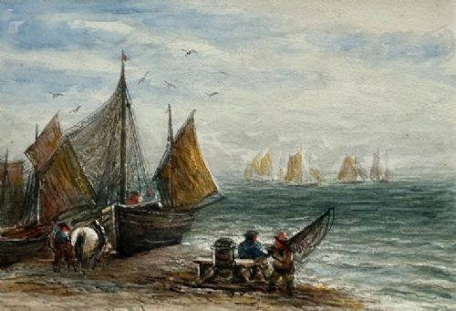 James Orrock Signed Original Late 19th Century Antique British Watercolour Painting Brighton Beach Fishing Boat Seascape