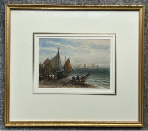 fig 1. A late 19th-century watercolour painting depicting fishing boats with hoisted sails gathered on a pebbled shore with figures and horses beside a calm sea.
