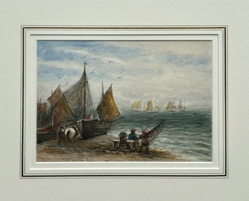 fig 3. A late 19th-century watercolour painting depicting fishing boats with hoisted sails gathered on a pebbled shore with figures and horses beside a calm sea.