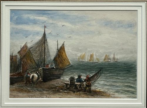A late 19th-century watercolour painting depicting fishing boats with hoisted sails gathered on a pebbled shore with figures and horses beside a calm sea. View V