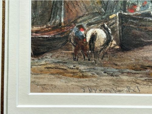 A late 19th-century watercolour painting depicting fishing boats with hoisted sails gathered on a pebbled shore with figures and horses beside a calm sea. View VI