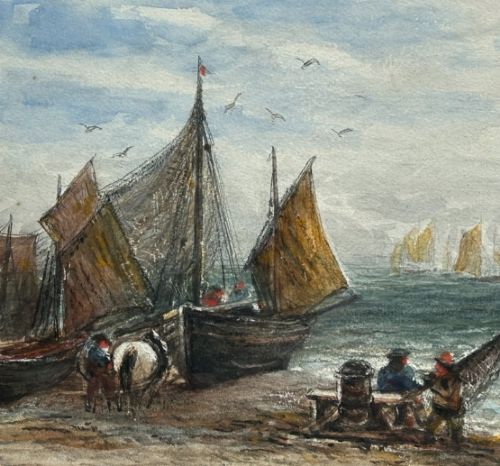 A late 19th-century watercolour painting depicting fishing boats with hoisted sails gathered on a pebbled shore with figures and horses beside a calm sea. View VII