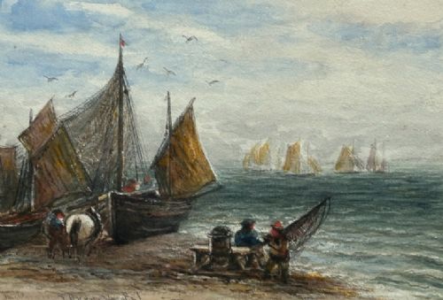 A late 19th-century watercolour painting depicting fishing boats with hoisted sails gathered on a pebbled shore with figures and horses beside a calm sea. View VIII