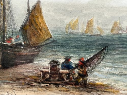 A late 19th-century watercolour painting depicting fishing boats with hoisted sails gathered on a pebbled shore with figures and horses beside a calm sea. View IX