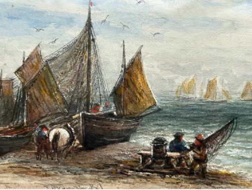 A late 19th-century watercolour painting depicting fishing boats with hoisted sails gathered on a pebbled shore with figures and horses beside a calm sea. View X