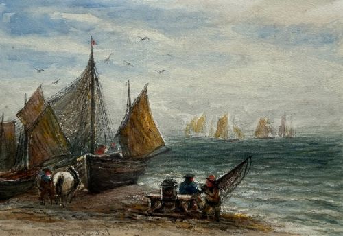 A late 19th-century watercolour painting depicting fishing boats with hoisted sails gathered on a pebbled shore with figures and horses beside a calm sea. View XI