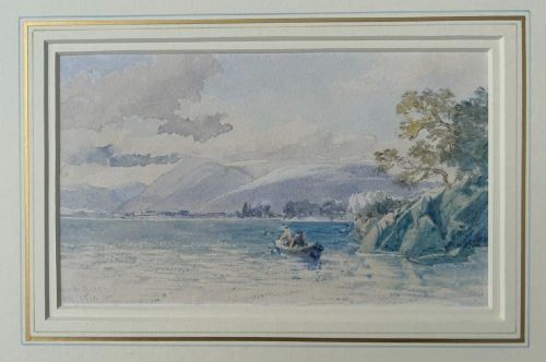 fig 1. A 19th-century watercolour landscape depicting figures in a small boat on a Scottish loch framed by mountains and cloudy sky.