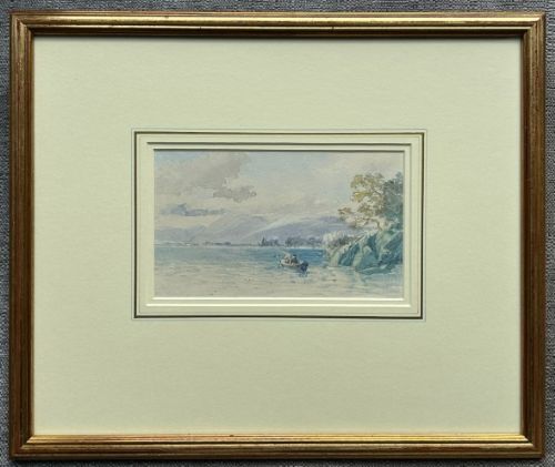 A 19th-century watercolour landscape depicting figures in a small boat on a Scottish loch framed by mountains and cloudy sky. View III
