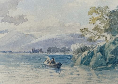A 19th-century watercolour landscape depicting figures in a small boat on a Scottish loch framed by mountains and cloudy sky. View IV