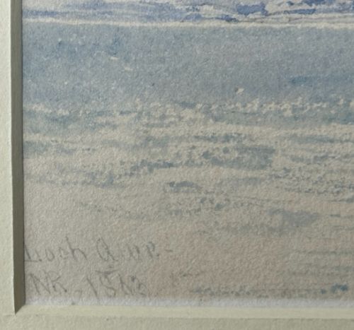 A 19th-century watercolour landscape depicting figures in a small boat on a Scottish loch framed by mountains and cloudy sky. View V