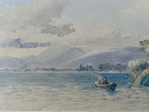 A 19th-century watercolour landscape depicting figures in a small boat on a Scottish loch framed by mountains and cloudy sky. View VI