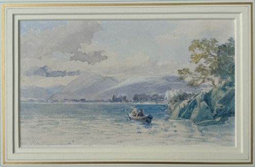 A 19th-century watercolour landscape depicting figures in a small boat on a Scottish loch framed by mountains and cloudy sky. View VII