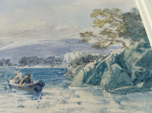 A 19th-century watercolour landscape depicting figures in a small boat on a Scottish loch framed by mountains and cloudy sky. View IX
