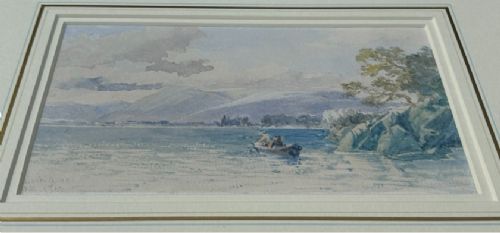 A 19th-century watercolour landscape depicting figures in a small boat on a Scottish loch framed by mountains and cloudy sky. View X