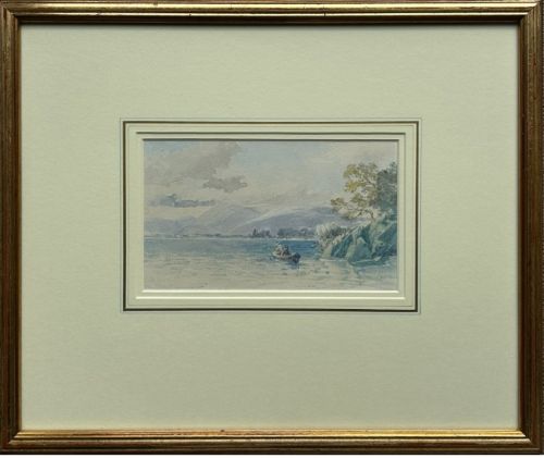 A 19th-century watercolour landscape depicting figures in a small boat on a Scottish loch framed by mountains and cloudy sky. View XI