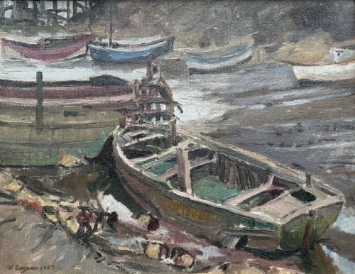 Kenneth Cozens 1957 Signed Original Mid 20th Century Oil Painting on Board Old Barges on the Tees Maritime British Landscape