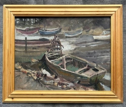 fig 1. A mid-century oil painting on board depicting wooden barges and boats resting on a muddy riverbed at low tide.