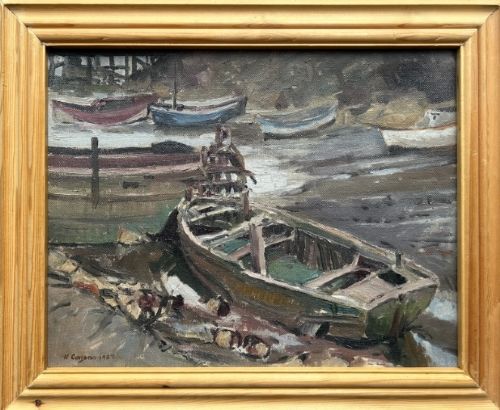 fig 2. A mid-century oil painting on board depicting wooden barges and boats resting on a muddy riverbed at low tide.