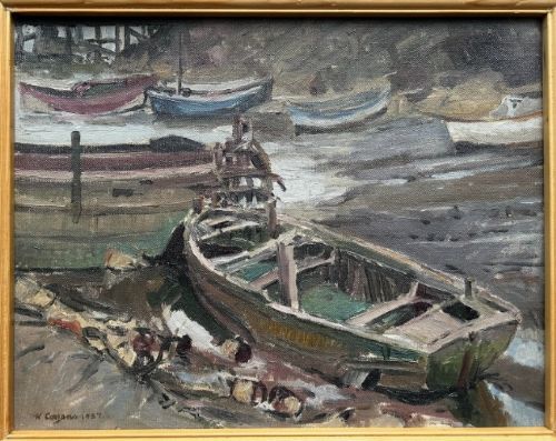 fig 3. A mid-century oil painting on board depicting wooden barges and boats resting on a muddy riverbed at low tide.