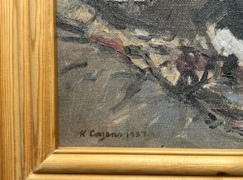 A mid-century oil painting on board depicting wooden barges and boats resting on a muddy riverbed at low tide. View V