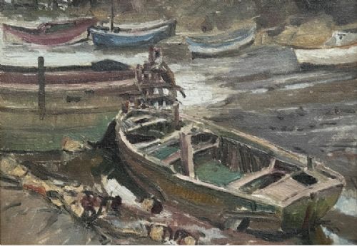 A mid-century oil painting on board depicting wooden barges and boats resting on a muddy riverbed at low tide. View VI