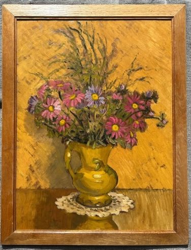 Kenneth Cozens Original Mid 20th Century Vintage Oil Painting on Board Still Life Flowers in a Yellow Vase