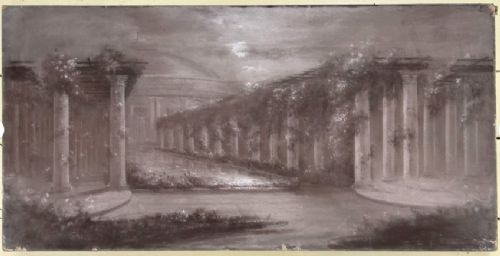 fig 2. An early twentieth-century monochrome charcoal drawing depicting moonlit classical colonnades covered in climbing foliage.
