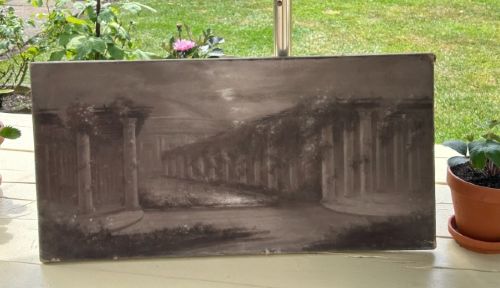 fig 3. An early twentieth-century monochrome charcoal drawing depicting moonlit classical colonnades covered in climbing foliage.