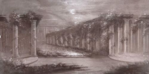 fig 4. An early twentieth-century monochrome charcoal drawing depicting moonlit classical colonnades covered in climbing foliage.