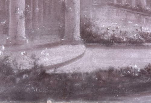 An early twentieth-century monochrome charcoal drawing depicting moonlit classical colonnades covered in climbing foliage. View VI