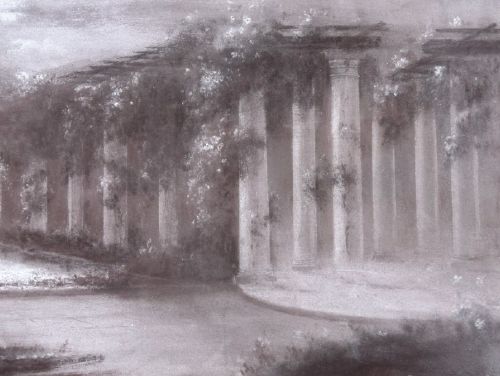 An early twentieth-century monochrome charcoal drawing depicting moonlit classical colonnades covered in climbing foliage. View VII