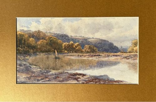 fig 1. A late 19th-century watercolour painting depicting a river reflection bordered by autumnal trees and rolling hills under a cloudy sky.
