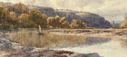 fig 2. A late 19th-century watercolour painting depicting a river reflection bordered by autumnal trees and rolling hills under a cloudy sky.