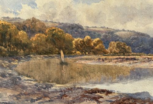 A late 19th-century watercolour painting depicting a river reflection bordered by autumnal trees and rolling hills under a cloudy sky. View V