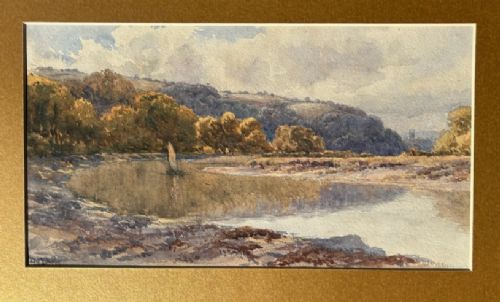 A late 19th-century watercolour painting depicting a river reflection bordered by autumnal trees and rolling hills under a cloudy sky. View VI
