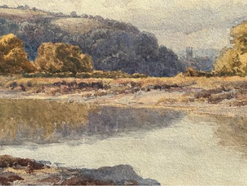 A late 19th-century watercolour painting depicting a river reflection bordered by autumnal trees and rolling hills under a cloudy sky. View VIII