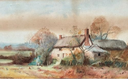 Original Antique Watercolour Painting Cottage Landscape with Old Print Verso