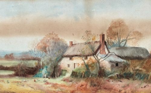 An antique watercolour landscape painting depicting a thatched rural cottage surrounded by trees and a dirt yard. View II
