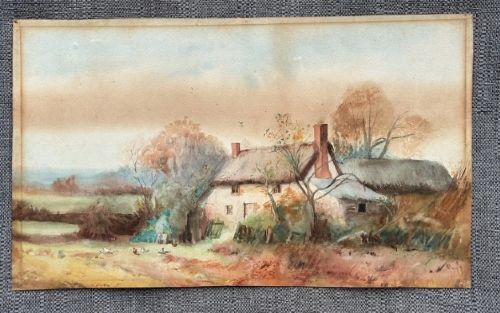 An antique watercolour landscape painting depicting a thatched rural cottage surrounded by trees and a dirt yard. View IV