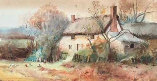 An antique watercolour landscape painting depicting a thatched rural cottage surrounded by trees and a dirt yard. View V