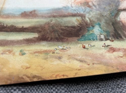 An antique watercolour landscape painting depicting a thatched rural cottage surrounded by trees and a dirt yard. View VI