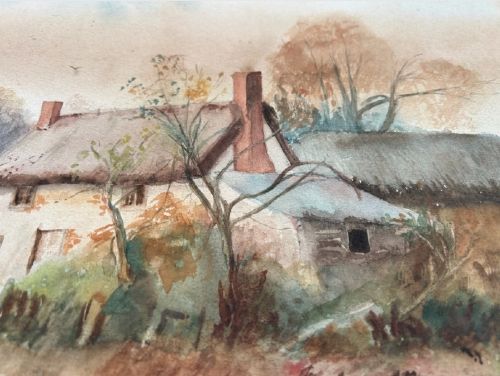 An antique watercolour landscape painting depicting a thatched rural cottage surrounded by trees and a dirt yard. View VII