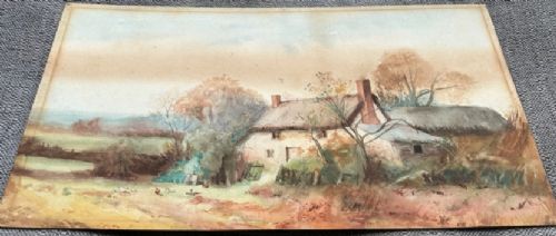 An antique watercolour landscape painting depicting a thatched rural cottage surrounded by trees and a dirt yard. View IX